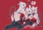  3girls :d animal_ears bare_shoulders black_tail blush breasts cerberus_(helltaker) commentary covered_navel demon demon_girl demon_tail detached_collar dog_ears dog_girl gloves heart helltaker highleg highleg_leotard highres jdw large_breasts leaning_on_person leotard long_hair looking_at_viewer multiple_girls necktie pantyhose playboy_bunny red_background red_eyes red_gloves red_leotard red_wrist_cuffs simple_background smile strapless strapless_leotard tail triplets untranslatable_commentary white_hair wrist_cuffs 
