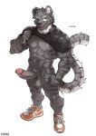  1boy :p abs animal_ears bara bare_pectorals biceps black_shirt bottomless broad_shoulders calves clothes_lift erection from_above full_body furry furry_male green_eyes groin highres huge_penis kumak large_pectorals lifting_own_clothes looking_up male_focus multicolored_shoes muscular muscular_arms muscular_male navel nipples one_eye_closed orange_shoes original pectorals penis sagging_testicles scar scar_on_arm shirt shirt_lift shoes simple_background sneakers solo tail testicles thick_eyebrows thick_thighs thighs tiger_boy tiger_ears tiger_tail tongue tongue_out two-tone_shoes v-taper white_background white_shoes 