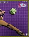  1boy absurdres anime_coloring argyle_background blue_bridal_gauntlets blue_nails bridal_gauntlets brown_pants colored_shoe_soles english_commentary genda_art gyro_zeppeli highres holster jojo_no_kimyou_na_bouken leg_focus logo official_style pants purple_background solo spinning spurs steel_ball_(jojo) steel_ball_run 
