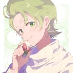  1boy cilan_(pokemon) closed_mouth commentary_request food fruit green_background green_eyes green_hair holding holding_food holding_fruit long_sleeves looking_at_viewer male_focus pokemon pokemon_bw portrait ribbed_sweater serizawa_serizane short_hair smile solo strawberry sweater turtleneck turtleneck_sweater twitter_username white_sweater 