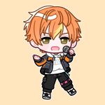  1boy black_pants blonde_streaks blush_stickers botausaa brown_eyes chibi chibi_only commentary_request dot_nose double-parted_bangs drawstring full_body grey_jacket hair_between_eyes highres holding holding_microphone hood hood_down hoodie jacket long_sleeves looking_at_viewer male_focus microphone multicolored_hair open_clothes open_jacket open_mouth orange_hair outline pants project_sekai shinonome_akito shoes short_hair simple_background solo standing streaked_hair white_hoodie white_outline white_shoes yellow_background 