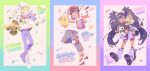  1girl 2boys :d ;d ash_ketchum asymmetrical_legwear axew black_shirt blush boots border bow bowtie brown_hair character_name cilan_(pokemon) commentary_request dark-skinned_female dark_skin fishnet_thighhighs fishnets flower full_body green_bow green_bowtie green_eyes green_hair green_sailor_collar grid_background hat highres holding holding_unworn_clothes holding_unworn_hat hood hood_down hoodie iris_(pokemon) kuromi lace-up_boots long_hair long_sleeves looking_at_viewer multicolored_border multiple_boys my_melody_(series) off-shoulder_shirt off_shoulder one_eye_closed open_mouth outside_border pansage pants pochacco pokemon pokemon_(creature) pokemon_bw purple_hair purple_pants purple_skirt purple_socks red_boots red_eyes roller_skates sailor_collar sanrio serizawa_serizane shirt short_hair single_thighhigh skates skirt smile socks standing standing_on_one_leg thighhighs tuxedo_sam twintails uneven_legwear unworn_hat unworn_headwear very_long_hair white_boots white_flower white_hat white_hoodie 