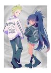  1boy 1girl black_choker black_socks blue_hair boots border choker cilan_(pokemon) commentary_request dark-skinned_female dark_skin from_behind full_body green_boots green_hair green_hoodie green_pants green_shoes grey_background grid_background hand_up highres hood hood_down hoodie iris_(pokemon) jacket long_hair long_sleeves looking_at_viewer looking_back outside_border pants pokemon pokemon_bw ponytail red_eyes serizawa_serizane shoes short_hair short_shorts shorts socks standing v-shaped_eyebrows very_long_hair w white_border white_jacket white_shorts 