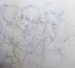  070203wjx 1boy 1girl against_railing alternate_costume arm_support between_legs blunt_ends bow bowtie braid closed_mouth collared_shirt contemporary couple curled_fingers eyelashes facing_another fingernails genshin_impact graphite_(medium) greyscale hair_intakes half-closed_eyes half_crown_braid hand_on_own_face hand_up hands_on_another's_back hands_on_another's_shoulders hetero highres hug kneeling light_blush long_hair long_sleeves looking_at_another looking_at_viewer medium_skirt monochrome multiple_views nahida_(genshin_impact) necktie open_hands open_mouth pants pleated_skirt railing scaramouche_(genshin_impact) school_uniform shirt side_ponytail sidelocks sitting sketch skirt smile socks sweater traditional_media tsurime undershirt uneven_eyes unfinished variant_set white_background wispy_bangs 