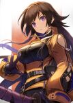  1girl bare_shoulders belt belt_pouch black_gloves breasts brown_hair framed_breasts gloves gradient gradient_background hair_ribbon highres holding holding_sword holding_weapon kuroi_susumu large_breasts long_hair long_sleeves looking_at_viewer muvluv orange_background parted_lips pouch puffy_long_sleeves puffy_sleeves purple_eyes ribbon sheath sheathed sidelocks solo sword takamura_yui underbust unzipped v-shaped_eyebrows very_long_hair weapon white_ribbon 