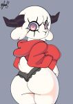  anthro big_breasts big_butt black_clothing black_panties black_underwear bovid breasts butt caprine clothing eyelashes female fluffy fluffy_ears fluffy_hair fluffy_tail hair hi_res horn jacket looking_at_viewer mammal panthera_cantus panties pink_eyes red_clothing red_jacket red_topwear romina_(panthera_cantus) sheep solo topwear underwear 