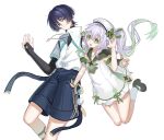  070203wjx 1boy 1girl aqua_trim arm_at_side ascot black_bridal_gauntlets black_hair black_shirt black_shorts blue_gem blunt_ends bow bracelet bridal_gauntlets bright_pupils casual closed_mouth collarbone collared_shirt colored_eyelashes contemporary cross-shaped_pupils curled_fingers detached_sleeves dress eyeliner feather_necklace feathers fingernails gem genshin_impact gold_trim green_ascot green_eyes green_hair green_sailor_collar green_shoes green_trim hair_between_eyes hair_intakes hair_ornament hand_up hat hat_bow highres jewelry layered_shirt leaf leaf_hair_ornament legs_together long_hair looking_at_viewer makeup mary_janes multicolored_hair nahida_(genshin_impact) necklace negative_space official_alternate_costume open_hand open_mouth partially_unbuttoned pendant pointy_ears pom_pom_(clothes) popped_collar purple_eyes red_eyeliner sailor_collar sailor_hat scaramouche_(genshin_impact) shirt shoes short_dress short_sleeves shorts side_ponytail sidelocks smile socks split_mouth streaked_hair symbol-shaped_pupils tareme teeth tsurime undershirt upper_teeth_only variant_set wanderer_(genshin_impact) white_background white_bow white_dress white_hair white_pupils white_shirt white_sleeves white_socks wispy_bangs yellow_feathers yellow_pupils 