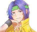  1boy backlighting closed_mouth commentary_request green_headband headband looking_at_viewer male_focus popped_collar portrait purple_eyes purple_hair shibaharu shirt simple_background solo tennis_no_ouji-sama wristband yellow_shirt yukimura_seiichi 