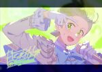  1boy :d blue_bow blue_bowtie bow bowtie cilan_(pokemon) commentary_request gloves green_background green_eyes green_hair hands_up holding holding_microphone jacket long_sleeves looking_at_viewer male_focus microphone open_mouth pokemon pokemon_bw portrait serizawa_serizane short_hair smile solo sweat v white_gloves white_jacket 