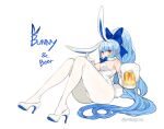  1girl :&lt; animal_ears artist_name bangs bare_shoulders beer_mug blue_bow blue_hair blunt_bangs bow breasts bunny closed_mouth commentary_request cup elbow_gloves english_text engrish_text eyelashes full_body gloves hair_bow hair_ribbon high_heels high_ponytail highleg highleg_leotard holding kkaebing knees_together_feet_apart large_breasts leotard light_blue_hair long_hair mug original pigeon-toed platform_footwear platform_heels playboy_bunny ponytail rabbit_ears rabbit_tail ranguage red_eyes ribbon sidelocks simple_background sitting solo strapless strapless_leotard tail very_long_hair white_background white_footwear white_gloves white_legwear white_leotard 