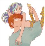  1boy 1girl animal_print aqua_hair arm_around_neck bare_arms bare_shoulders bikini brown_eyes brown_hair cellphone closed_mouth commentary_request floating frown green_eyes green_sweater hetero highres holding holding_phone horns long_hair lum midriff miyuki_(hoshikuzumiyuki) moroboshi_ataru phone pointy_ears print_bikini print_boots selfie short_hair smartphone smile sweater swimsuit taking_picture tiger_print upper_body urusei_yatsura v white_background 