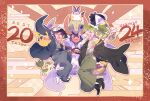  1girl 2024 2boys :d ;d arm_up arrow_(projectile) ash_ketchum axew black_boots black_kimono blue_kimono blush boots border brown_hair character_request checkered_sash cilan_(pokemon) commentary_request dark-skinned_female dark_skin dot_nose double-parted_bangs emolga full_body glasses green_hair green_hakama hair_between_eyes hakama hamaya highres holding holding_arrow iris_(pokemon) japanese_clothes kimono long_sleeves looking_at_viewer multiple_boys new_year obi one_eye_closed open_clothes open_kimono open_mouth outline pansage pikachu pokemon pokemon_(creature) pokemon_bw purple_hair red_border sash serizawa_serizane short_hair smile snivy white_outline wide_sleeves 