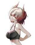  1girl adjusting_clothes arknights bare_arms bare_shoulders black_bra bra breasts cleavage closed_mouth collarbone feather_hair fiammetta_(arknights) from_side gradient_hair head_tilt highres impossible_clothes large_breasts looking_at_viewer looking_to_the_side multicolored_hair red_eyes red_hair short_hair silver_hair simple_background solo underwear underwear_only upper_body veilrain white_background 