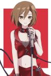  1girl brown_eyes brown_hair choker crop_top highres meiko meiko_(vocaloid3) microphone_stand peng_vmd red_theme short_hair sleeveless smile solo vocaloid wrist_cuffs 