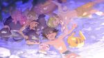  1girl 2boys :d ;d ^_^ absurdres ash_ketchum axew black_hair blue_male_swimwear brown_hair cilan_(pokemon) closed_eyes collarbone commentary_request dark-skinned_female dark_skin double-parted_bangs green_eyes green_hair hair_between_eyes highres iris_(pokemon) long_hair lying male_swimwear multiple_boys navel on_back one-piece_swimsuit one_eye_closed open_mouth oshawott outstretched_arms partially_submerged pikachu pink_one-piece_swimsuit pokemon pokemon_(anime) pokemon_(creature) pokemon_bw pokemon_the_series:_black_&amp;_white serizawa_serizane short_hair smile spread_arms stunfisk swim_trunks swimsuit topless_male water yellow_male_swimwear 
