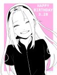  1girl birthday border commentary_request dated dress facing_viewer forehead_protector happy_birthday haruno_sakura highres konohagakure_symbol long_hair monochrome naruto_(classic) naruto_(series) outside_border pink_background short_sleeves smile solo ss_ju23 teeth upper_body white_border 