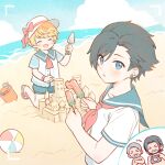  ball beach beachball beard black_hair blonde_hair blue_eyes blue_sailor_collar blue_shorts blush brothers bucket byron_rosfield camera chibi chibi_inset child clive_rosfield closed_eyes commentary crossed_arms earrings elwin_rosfield facial_hair father_and_child father_and_son final_fantasy final_fantasy_xvi food furrowed_brow grey_hair hat holding holding_camera holding_food holding_popsicle holding_trowel jewelry joshua_rosfield laughing miumiu76706 neckerchief ocean open_mouth parent_and_child parted_lips popsicle red_neckerchief sailor_collar sand_castle sand_sculpture shirt shorts siblings smile topless_male trowel uncle_and_nephew untranslatable_commentary viewfinder white_hat white_shirt 