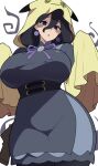  1girl animal_hood black_dress black_eyes black_hair blush_stickers bow bowtie breasts commentary cosplay cowboy_shot curvy dress earrings hair_between_eyes hex_maniac_(pokemon) hex_maniac_(pokemon_legends:_z-a) hood hood_up jewelry large_breasts long_hair_between_eyes looking_at_viewer medium_hair mimikyu mimikyu_(cosplay) mituyota_76 parted_lips pokemon pokemon_legends:_z-a purple_bow purple_bowtie simple_background sleeves_past_fingers sleeves_past_wrists solo sphere_earrings standing underbust white_background 
