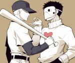  2boys baseball_bat baseball_cap baseball_uniform belt black_belt black_hair black_hat black_pants brown_background closed_mouth colored_skin commentary_request facing_another hand_in_pocket hat heart heart_print holding holding_baseball_bat layered_sleeves long_sleeves looking_at_another male_focus mask multiple_boys off_(game) pants print_sweater sakuyamochi shaded_face shirt shirt_tucked_in short_hair short_over_long_sleeves short_sleeves simple_background smile sportswear sweater the_batter_(off) turtleneck turtleneck_sweater white_hair white_pants white_shirt white_skin white_sweater zacharie_(off) 