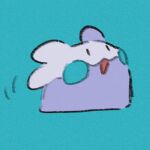  1other :d alternate_color aqua_background black_eyes blob blush_stickers colored_skin full_body goomy looking_afar motion_lines nkgt_umus no_humans open_mouth pokemon pokemon_(creature) pokemon_focus purple_skin smile solid_oval_eyes solo 