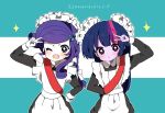  2girls :o ;d alternate_costume animification apron black_dress blue_eyeshadow blue_hair blunt_bangs blush bow bright_pupils colored_skin commentary_request cutie_mark diamond_hair_ornament dress enmaided eyeshadow flat_chest frilled_bow frills hair_ornament highres long_hair long_sleeves looking_at_viewer lottemkmkd maid maid_headdress makeup multicolored_hair multiple_girls my_little_pony my_little_pony:_equestria_girls my_little_pony:_friendship_is_magic one_eye_closed pink_streaks purple_eyes purple_hair purple_skin purple_streaks rarity_(equestria_girls) rarity_(my_little_pony) red_sash russian_text sash school_uniform shoulder_sash smile soviet_school_uniform sparkle streaked_hair translation_request twilight_sparkle twilight_sparkle_(human) upper_body v white_apron white_skin 