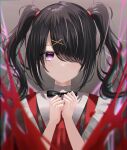  1girl absurdres aki_uzuki3 ame-chan_(needy_girl_overdose) black_hair blood blush bow chromatic_aberration eyebrows_visible_through_hair frown hair_ornament hair_over_one_eye highres looking_at_viewer needy_girl_overdose own_hands_together purple_eyes solo suspenders twintails two_side_up x_hair_ornament 