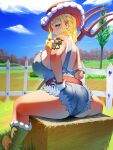  1boy 1girl absurdres alternate_breast_size_(larger) alternate_costume arm_tattoo blonde_hair blue_eyes blue_overalls blue_shorts boots braid breasts brown_boots cowboy_hat day denim denim_shorts fence grass hat highres holding holding_pitchfork kitt_(pokemon) large_breasts long_hair looking_at_viewer looking_back mountainous_horizon outdoors overalls p-gnesium pitchfork pokemon pokemon_champions red_hat shorts shoulder_blades sitting smile solo tattoo twin_braids wooden_fence 