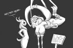 alien alien_humanoid annoyed anthro arms_tied big_breasts bodily_fluids body_modification bound breast_expansion breast_milking breasts cobra duo english_text expansion female gag hanged hi_res horn huge_breasts humanoid kinktober kinktober_2025 lactating legs_tied looking_at_another male male/female reptile rfta sagging_breasts scalie simple_background sketch smile snake standing tentacle_milking tentacles text transformation zuri_(rfta)