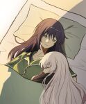  2girls black_hair blanket cho_kaguya-hime! closed_eyes collarbone commentary frostnova0325 green_pajamas green_pillow highres light_smile long_hair looking_at_another lying multicolored_hair multiple_girls on_back pajamas pillow pink_hair runami_yachiyo sakayori_iroha shared_blanket short_sleeves sleeping two-tone_hair untranslatable_commentary white_hair yuri 