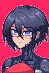  1girl android artist_name black_hair blue_eyes commentary elster_(signalis) english_commentary expressionless highres looking_at_viewer outline pink_background portrait short_hair signalis simple_background skin_seams solo watermark white_outline xenvita 