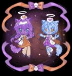  2boys :3 absurdres angel_wings animal_nose aqua_eyes ayase_mayoi bandaged_head bandages bandaid bandaid_on_knee bandaid_on_leg black_shoes black_wings blue_hair bow cat_boy closed_mouth coat commentary crossdressing crossdressing_(mtf) dress ensemble_stars! fangs full_body furrification furry furry_male hair_between_eyes hair_intakes halo hat heart highres holding holding_needle holding_scissors lab_coat long_hair_between_eyes looking_at_another mary_janes minnieeeworld multiple_boys neck_ribbon needle nurse_cap open_mouth orange_bow orange_dress orange_ribbon purple_bow purple_hair purple_ribbon raised_inner_eyebrows ribbon scissors sentient_stuffed_toy shoes skin-colored_pantyhose smile socks stitched_clothes stitched_face stitches stuffing thread tojo_kaname torn_clothes torn_coat torn_dress torn_sleeves two-tone_bow untranslatable_commentary white_coat white_halo white_ribbon white_socks wings yellow_eyes 