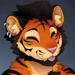1:1 anthro black_eyebrows black_hair black_markings blep colored digital_drawing_(artwork) digital_media_(artwork) ear_piercing eyebrows eyes_closed felid feve fur hair inner_ear_fluff male mammal markings multicolored_body multicolored_fur orange_body orange_fur pantherine piercing pink_nose pink_tongue shaded short_hair simple_background smile solo striped_body striped_fur stripes tiger tongue tongue_out tuft whiskers yellow_markings