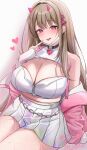  1girl absurdres blush breasts brown_hair cleavage commentary_request fishnet_pantyhose fishnets goddess_of_victory:_nikke heart heart_collar high-waist_skirt highres horns jacket large_breasts miyai_(myai04) mole mole_under_eye open_clothes open_jacket pantyhose pink_eyes pink_horns pink_jacket pleated_skirt shiny_skirt sitting skirt solo thighs tongue tongue_out viper_(nikke) white_mask 