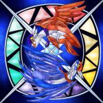 2025 blue_tail blue_wings claws clothing duo feathered_wings feathers feral generation_3_pokemon hat headgear headwear hi_res latias latios legendary_pokemon motherlatias nintendo pokemon pokemon_(species) purple_clothing red_clothing red_tail red_wings scarf stained_glass tail white_claws white_ears wings yellow_clothing