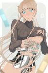  1girl absurdres android bandaid black_sweater blonde_hair blue_eyes breasts clothes_lift commentary_request ecomoesty ei_chan_(endless_overhaul) endless_overhaul exposed_internal_machinery hands_on_own_chest highres long_hair mechabare medium_breasts orange_eyes parted_lips solo speech_bubble sweater sweater_lift teeth torn_skin 
