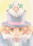  1girl :d bird black_jacket bow bowtie commentary_request earrings from_hat_trick goose green_bow hands_on_headwear hands_up highres jacket jewelry looking_at_viewer magician nagano_akane open_mouth original pink_hair portrait red_bow red_bowtie shirt short_hair short_twintails smile solo traditional_media twintails white_shirt yellow_background 