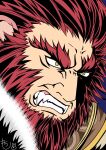  1boy animal_ears beard caineghis_(fire_emblem) clenched_teeth commentary_request facial_hair fire_emblem fire_emblem:_path_of_radiance highres male_focus mochinyanta red_hair solo teeth thick_eyebrows yellow_eyes 