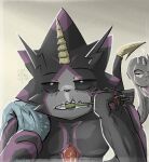 anthro bandai_namco black_body black_sclera brush brushing brushing_teeth digimon digimon_(species) duo gulusgammamon hi_res horn intersex lopmon male maleherm pecs scalie slavv0 tired toothbrush toothpaste