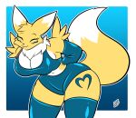 absurd_res anthro bandai_namco big_breasts bikini bikini_bottom bikini_top breasts canid clothing digimon digimon_(species) eyes_closed female female_anthro food hands_behind_back heart_(marking) hi_res legwear mammal markings pocky pocky_game renamon solo swimwear the_k9_empire two-piece_swimsuit vulpinecrew