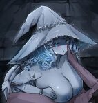 1boy 1girl :o artist_name bangs blue_skin blush breasts collarbone colored_skin cracked_skin elden_ring extra_arms fur_cloak grey_headwear hand_on_another&#039;s_cheek hand_on_another&#039;s_face hat inverted_nipples large_breasts long_hair noiretox open_mouth paizuri ranni_the_witch shiny shiny_clothes shiny_hair watermark witch_hat 
