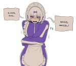  1girl apron breasts commentary_request embarrassed grey_hair highres jersey_maid kira_(project_moon) korean_commentary korean_text limbus_company long_sleeves looking_at_viewer maid maid_apron maid_headdress misg1111 open_mouth project_moon purple_eyes purple_track_suit sharp_teeth solo speech_bubble sweat teeth track_suit translation_request unconventional_maid 
