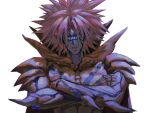  1boy 1rabong armor artist_name cape colored_skin commentary_request crossed_arms cyclops earrings highres jewelry korean_commentary looking_at_viewer lord_boros male_focus one-eyed one-punch_man parted_lips pink_hair pointy_ears simple_background solo spiked_hair spikes third_eye twitter_username upper_body white_background 