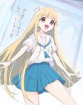  1girl ahoge blue_skirt bracelet cho_kaguya-hime! commentary_request cosplay highres jewelry kaguya_(cho_kaguya-hime!) long_hair looking_at_viewer notonaon open_mouth pleated_skirt red_eyes sailor_collar sakayori_iroha sakayori_iroha_(cosplay) shirt short_sleeves skirt solo translated very_long_hair white_shirt window 