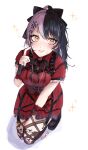  1girl averting_eyes between_legs black_bow black_corset black_hair black_nails black_ribbon black_shoes black_thighhighs blush bow breasts commentary corset cross cross_necklace dress from_above grey_hair hair_bow hair_ornament hairclip hand_between_legs highres hololive hololive_english jewelry kneeling large_breasts long_hair multicolored_hair nail_polish necklace nervous_smile nl_p168 official_alternate_costume official_alternate_hairstyle open_mouth parallel_hairclips ponytail purple_hair red_dress ribbon scratching_cheek shiori_novella shiori_novella_(casual) shoes short_sleeves smile solo split-color_hair squatting_cowgirl_position sweat thighhighs two-tone_hair virtual_youtuber white_background yellow_background yellow_eyes 