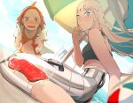  2girls android bare_shoulders beach beach_umbrella black_bra blonde_hair blue_eyes blue_nails bra breasts brown_eyes cable commentary cooking drooling ecomoesty ei_chan_(endless_overhaul) endless_overhaul food fork hat highres holding holding_fork holding_knife hot hungry knife long_hair looking_at_viewer meat mechabare medium_breasts multicolored_eyes multiple_girls one-piece_swimsuit open_mouth orange_one-piece_swimsuit original red_hair short_hair swimsuit umbrella under_umbrella underwear white_hat 
