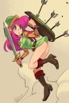  1girl alex_ahad belt blue_eyes blush boots breasts cleavage freckles genderswap genderswap_(mtf) green_headwear hat highres large_breasts link link_(shounen_captain) long_hair looking_at_viewer pink_hair pointy_ears red_hair sidelocks simple_background solo standing sword the_legend_of_zelda the_legend_of_zelda_(nes) tunic weapon 
