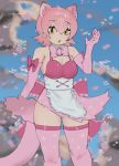  1girl animal_ears apron bare_shoulders bow bowtie breasts dress elbow_gloves extra_ears gloves highres kemono_friends looking_at_viewer open_mouth peach_panther_(kemono_friends) pink_bow pink_bowtie pink_gloves pink_hair pink_thighhighs shibaramitori short_hair skirt sleeveless solo swimsuit tail thighhighs traditional_bowtie yellow_eyes 
