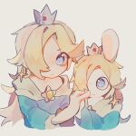 1:1 2024 3_fingers anthro bangs bent_arm black_eyebrows blonde_hair blue_clothing blue_dress blue_eyes blush blush_lines clothed clothed_anthro clothed_female clothed_human clothing colored crossover crown digital_drawing_(artwork) digital_media_(artwork) dress duo ear_piercing eye_through_hair eyebrow_through_hair eyebrows eyelashes eyelashes_through_hair featureless_hands female female_anthro female_human fingers fur gem hair hair_over_eye hand_holding headgear hi_res human lagomorph larger_female larger_human light lighting long_ears long_hair looking_at_another mammal mario_bros mario_plus_rabbids_sparks_of_hope nintendo no_eyebrows no_pupils noseless piercing princess rabbid rabbid_rosalina raving_rabbids rayman_(series) renballball rosalina_(mario) royalty ruby_(gem) shaded simple_background size_difference smaller_anthro smaller_female smile smiling_at_another solo star_ear_piercing super_mario_galaxy tan_body tan_inner_ear tan_skin thin_eyebrows translucent translucent_hair ubisoft white_background white_body white_fur