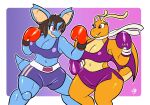 abs absurd_res anthro boxing boxing_gloves boxing_shorts bra clothing dragonite duo eyeliner female female/female generation_1_pokemon handwear hi_res makeup nidoqueen nintendo pokemon pokemon_(species) scarf sport sports_bra the_k9_empire underwear vulpinecrew watermark wings