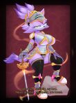 abs absurd_res anthro apinkgrape armor big_breasts biped breasts cleavage clothed clothing dialogue domestic_cat eyelashes felid feline felis female fur headgear helmet hi_res holding_melee_weapon holding_object holding_sword holding_weapon legwear looking_at_viewer mammal melee_weapon pupils purple_body rock sega sir_percival_(sonic_and_the_black_knight) solo sonic_and_the_black_knight sonic_storybook_series sonic_the_hedgehog_(series) sword tail text thick_thighs thigh_highs weapon wide_hips
